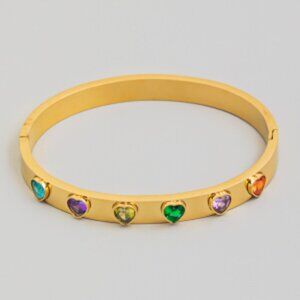 Gem Heart Studded Gold Bangle Stainless Steel Bracelet